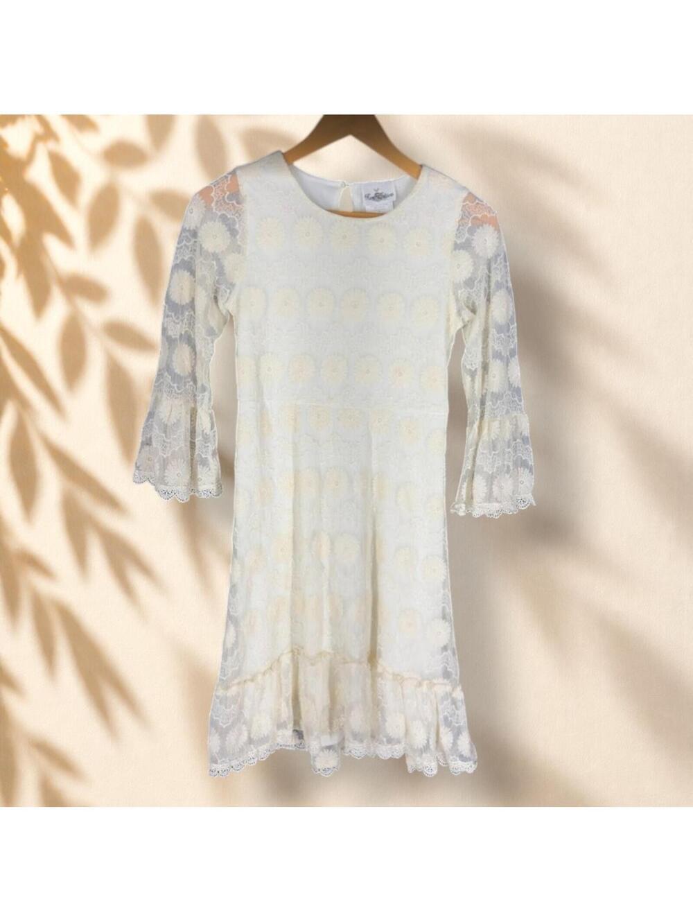 Rare Editions Dress Women 16 White Floral Shift Midi Long Sleeve Lined Crochet